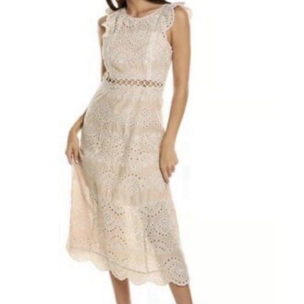 Sam Edelman Nude Eyelet Flutter Sleeve Scalloped Hem Midi Dress 6 Lined
